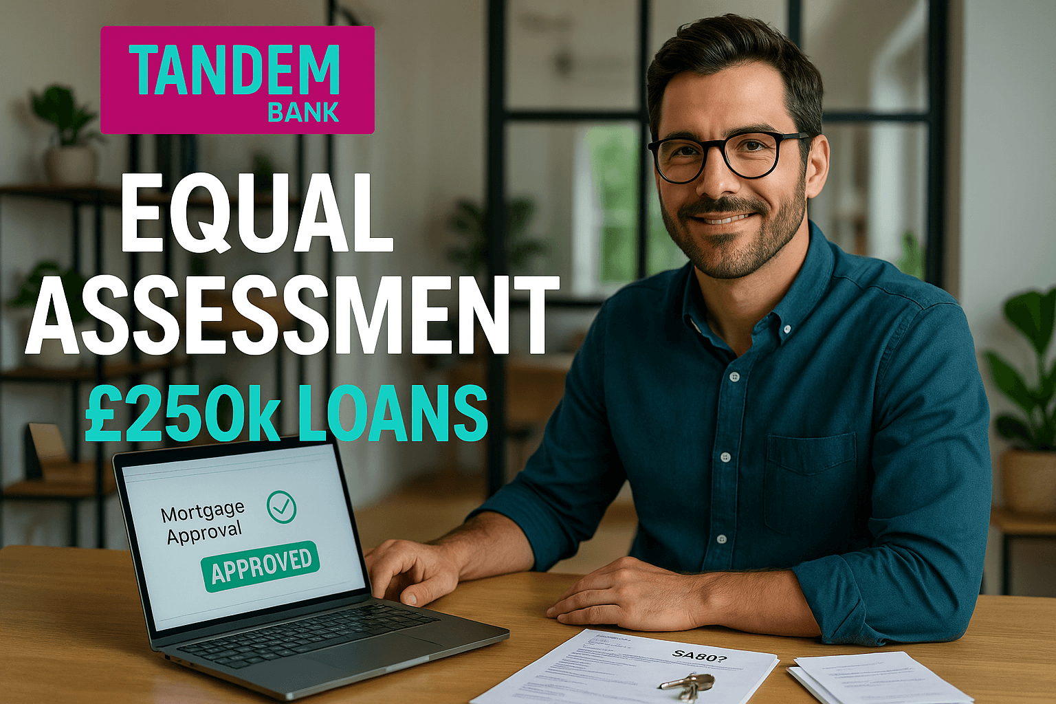 Confident self-employed professional in modern home office holding mortgage approval document, with Tandem Bank branding and “Equal Assessment” £250k loans message displayed