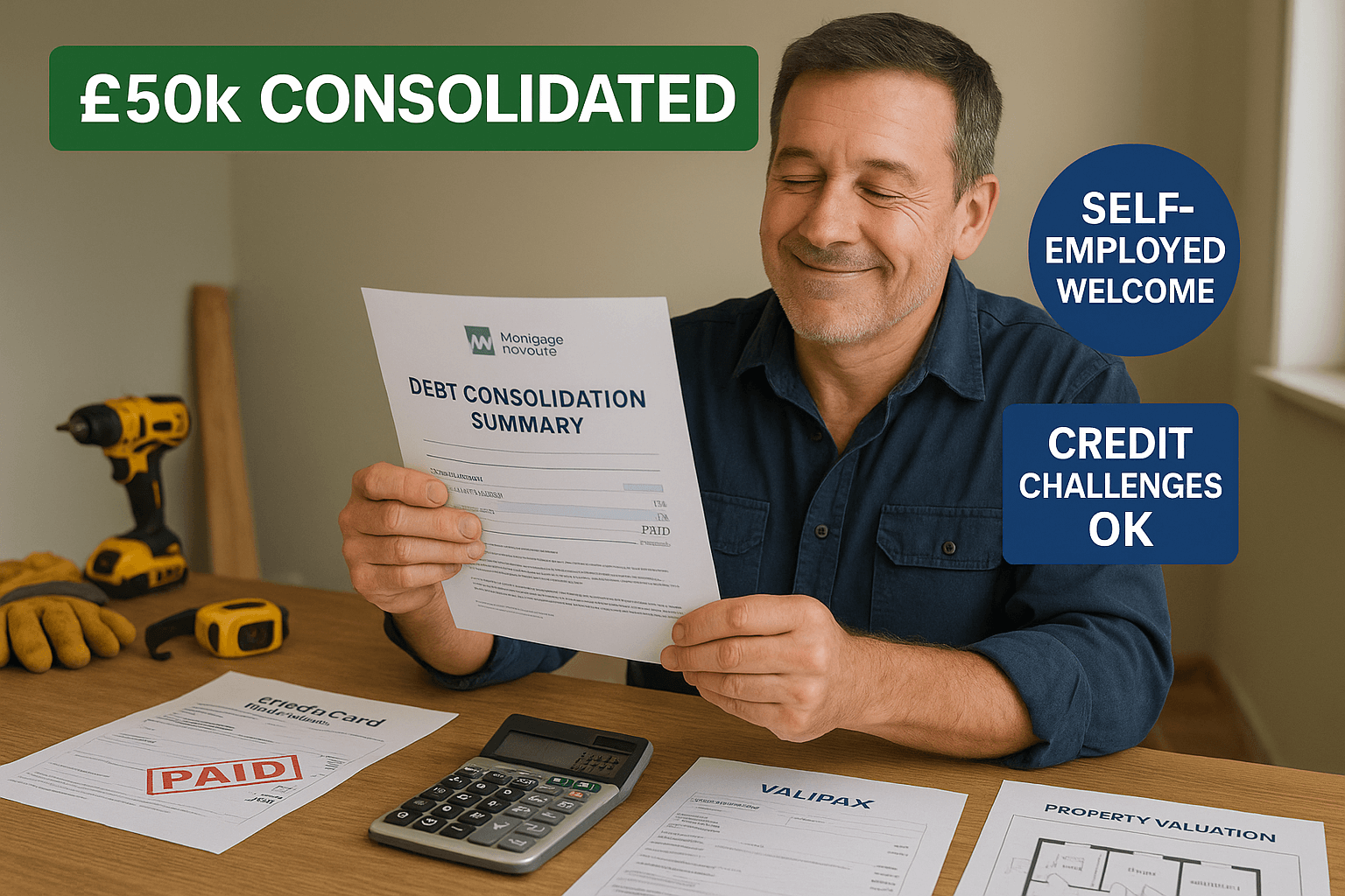 Self-employed tradesman smiling at home office desk with debt consolidation paperwork, showing relief from simplified £50k payments.
