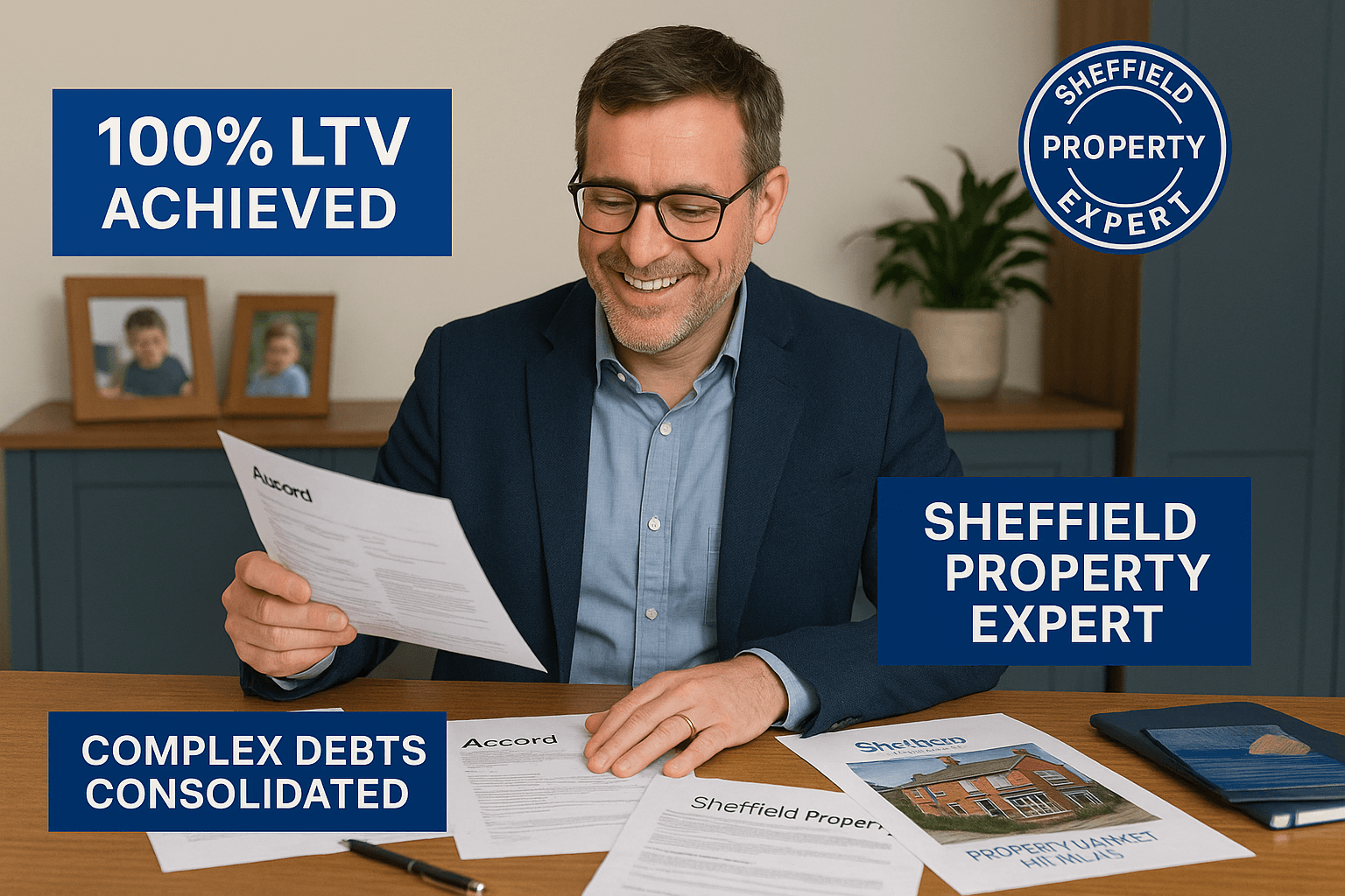 Financial professional in Sheffield home office smiling at secured loan and mortgage documents, highlighting regional expertise and complex debt solutions.