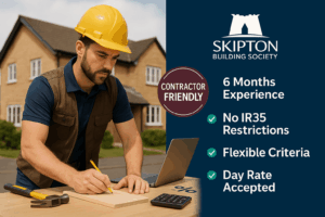 Contractor using power drill at workbench with laptop and tools, promoting Skipton Building Society’s flexible mortgage options for contractors including 6 months experience, no IR35 restrictions, and day rate acceptance.