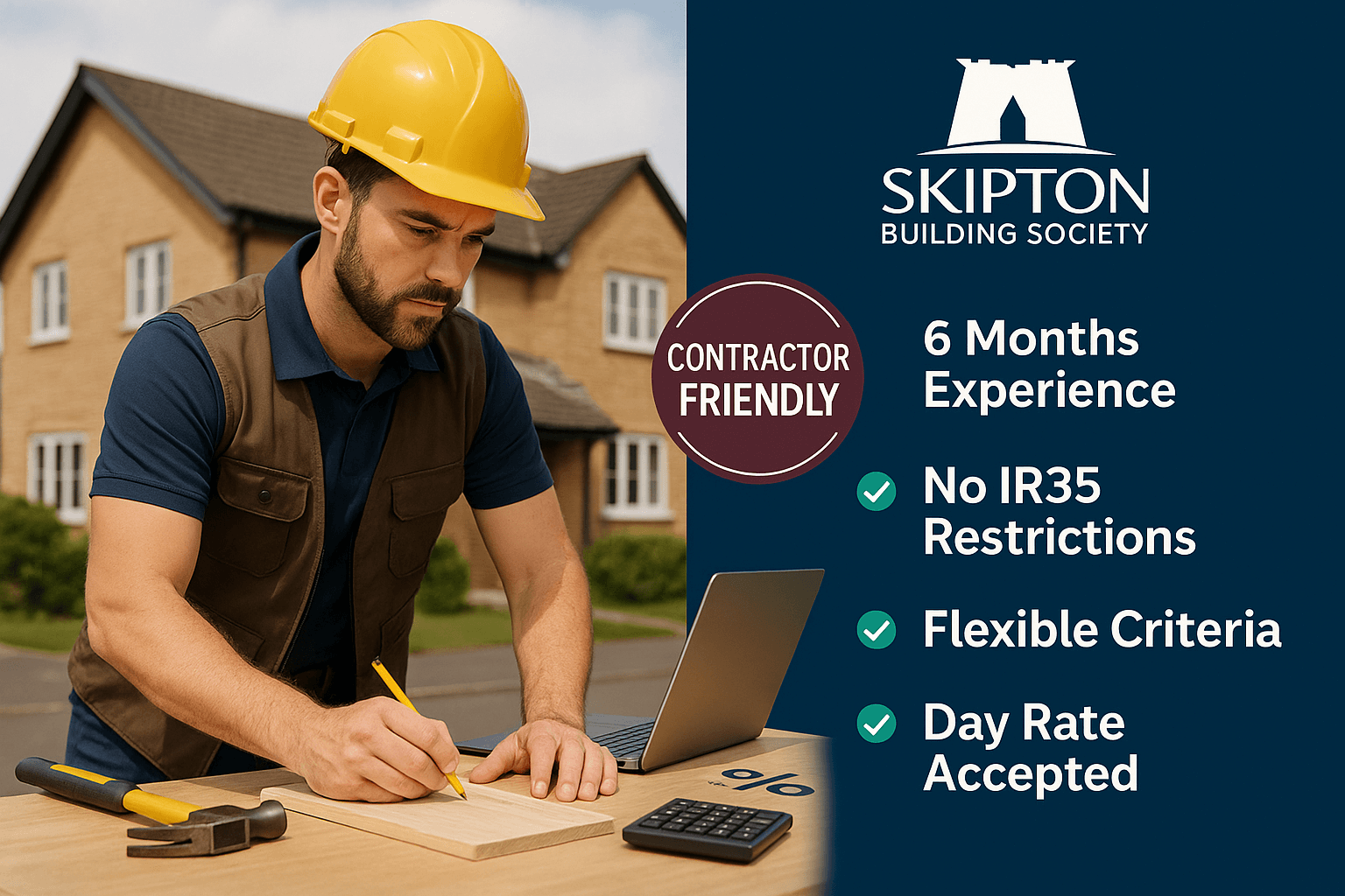 Contractor using power drill at workbench with laptop and tools, promoting Skipton Building Society’s flexible mortgage options for contractors including 6 months experience, no IR35 restrictions, and day rate acceptance.