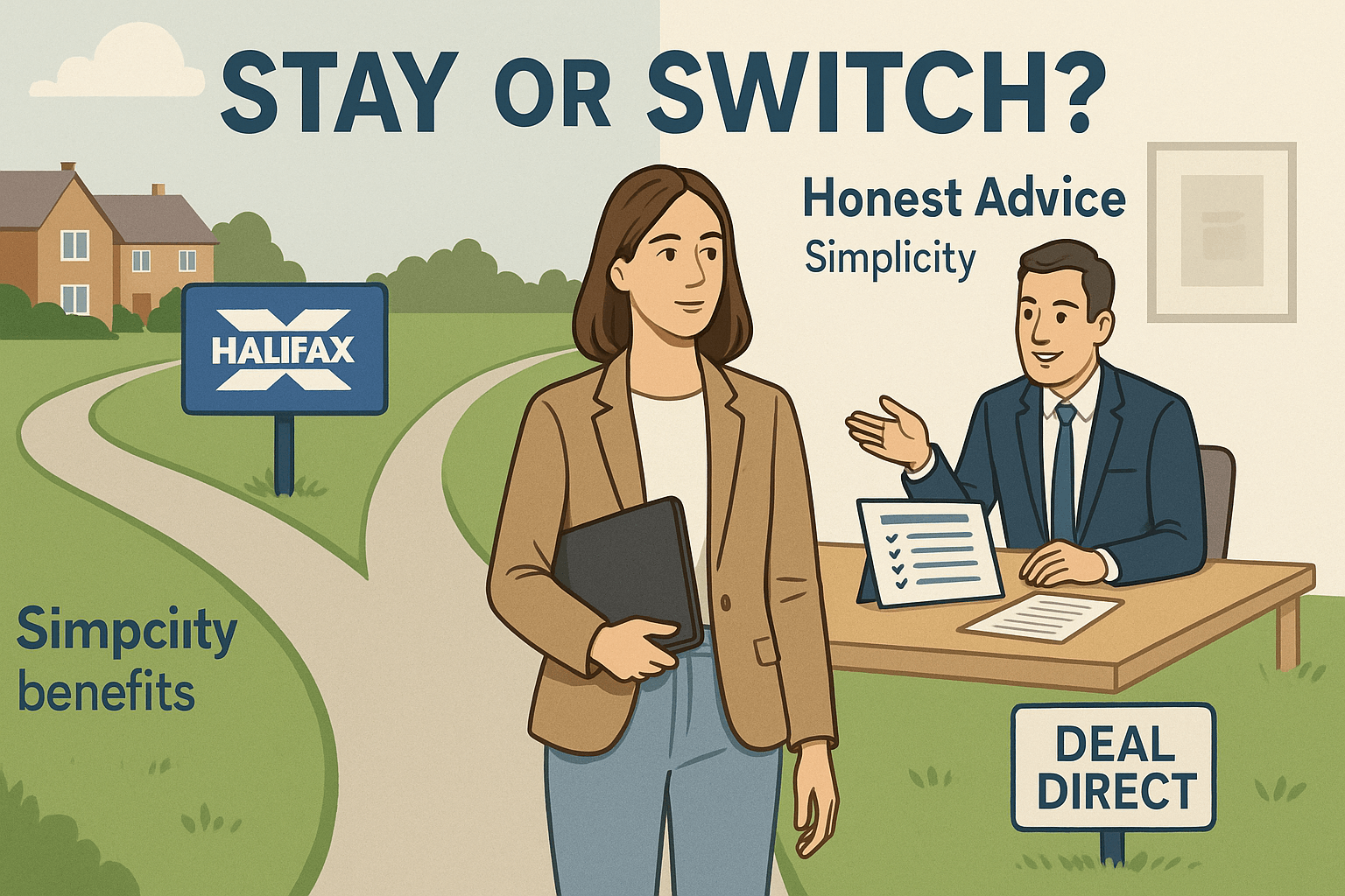 Illustration of a young professional woman at a crossroads choosing between staying with Halifax or switching lenders, with Deal Direct broker guidance shown.