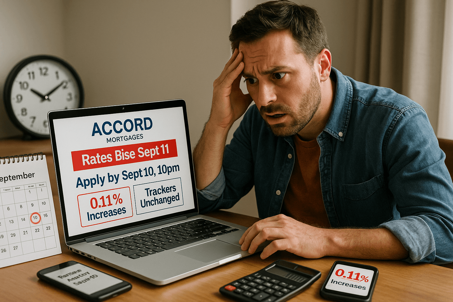 A stressed man in his 30s urgently completing an Accord Mortgages online application at home, with a laptop countdown showing “Rates Rise Sept 11,” a calendar marked September 10, and deadline reminders on his phone and calculator.