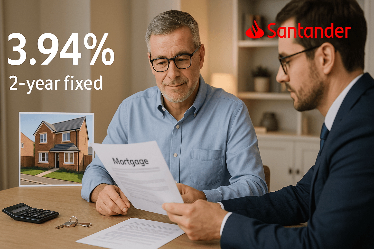 Professional homeowner reviewing mortgage documents with advisor, highlighting Santander 2-year fixed mortgage case study at 3.94% rate