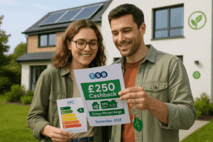 Young eco-conscious couple outside modern energy-efficient home with solar panels, holding TSB mortgage documents promoting £250 cashback for EPC A/B properties, September 2025 launch.