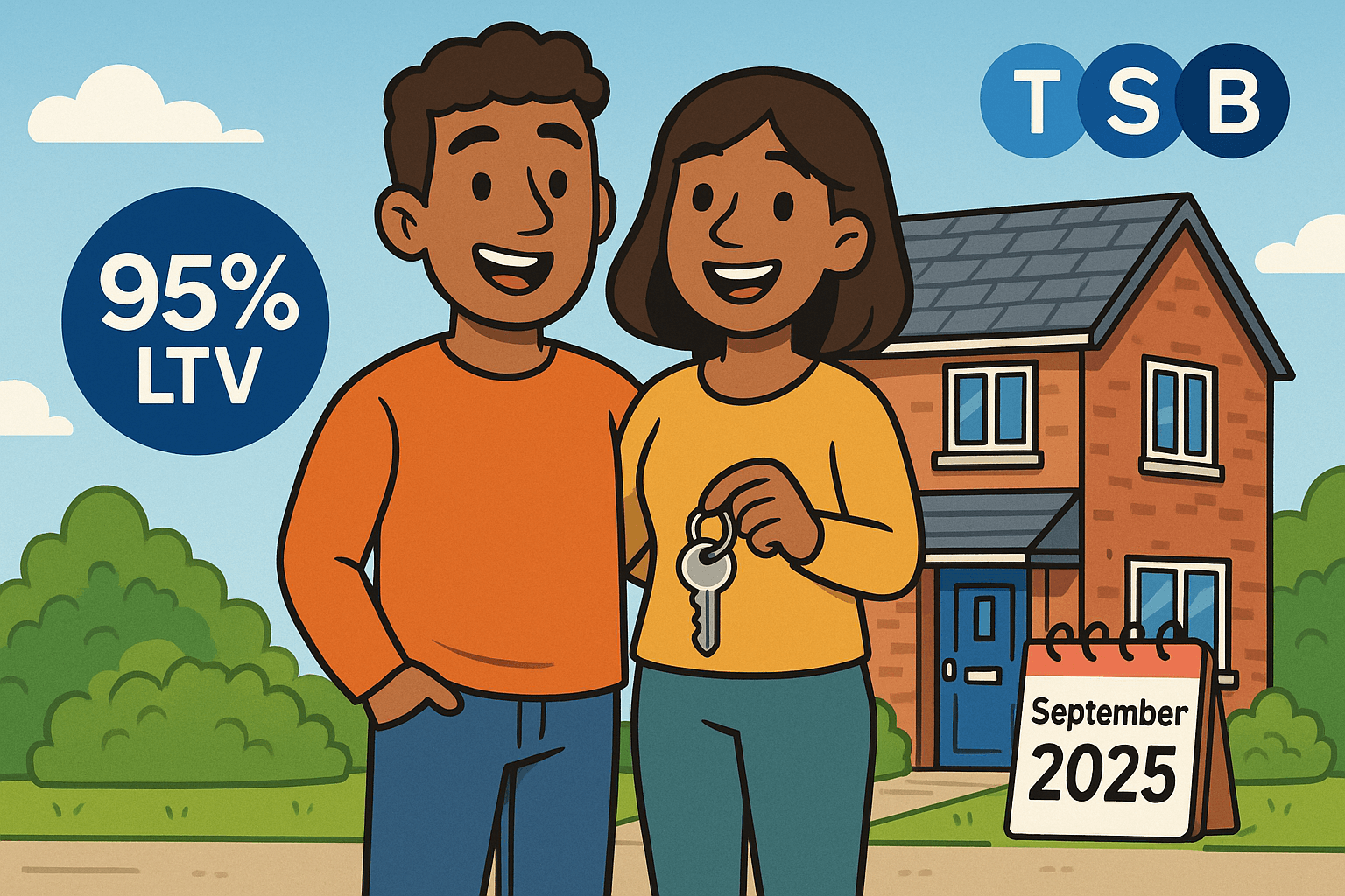 Cartoon illustration of a young couple standing outside a modern UK home holding keys, with TSB logo, 95% LTV text, and September 2025 calendar, symbolising first-time buyer mortgage accessibility