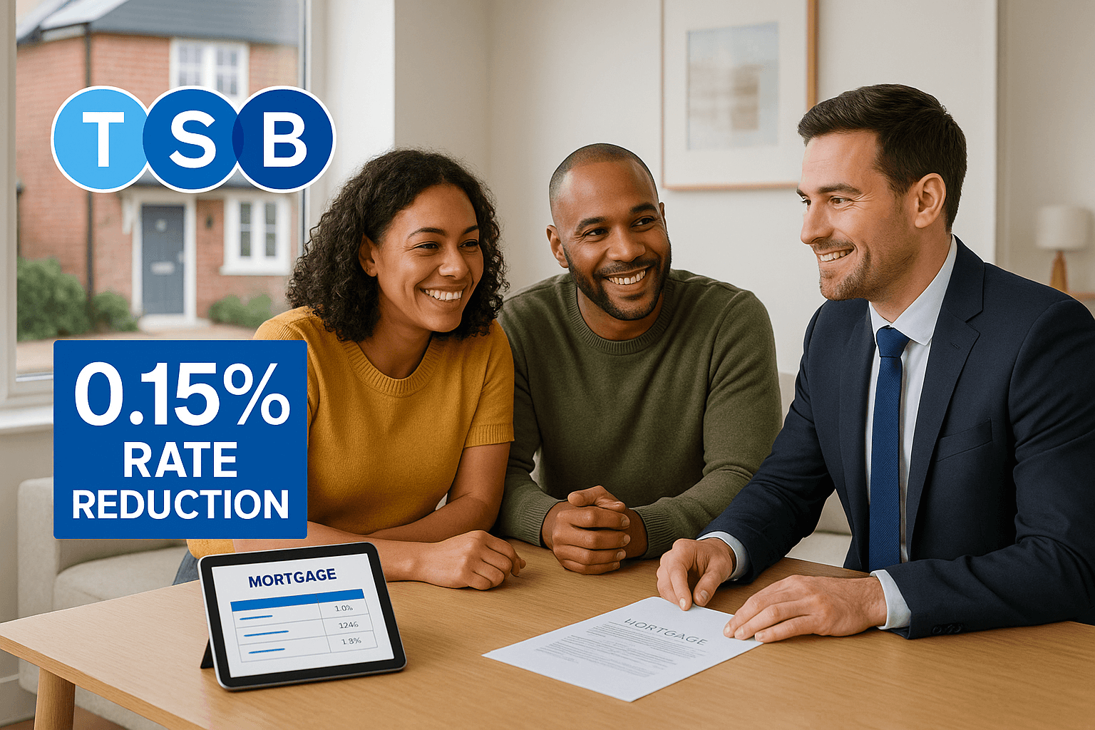 TSB mortgage advisor showing rate comparison to a couple during consultation with 0.15% rate reduction banner.