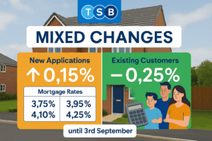 Split-screen graphic showing TSB mortgage rate changes: +0.15% increase for new applications and –0.25% decrease for existing customers, deadline September 3rd.