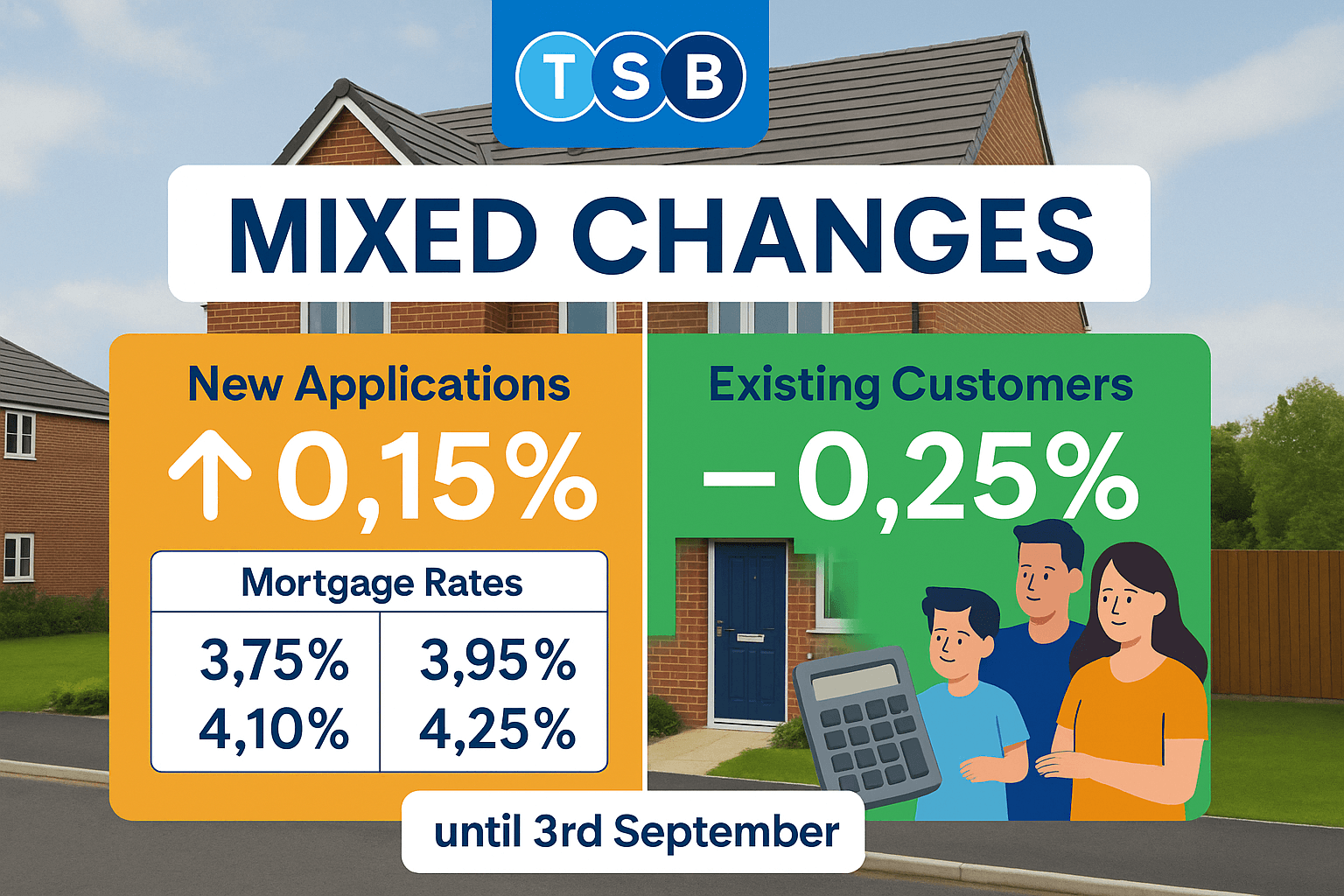 Split-screen graphic showing TSB mortgage rate changes: +0.15% increase for new applications and –0.25% decrease for existing customers, deadline September 3rd.