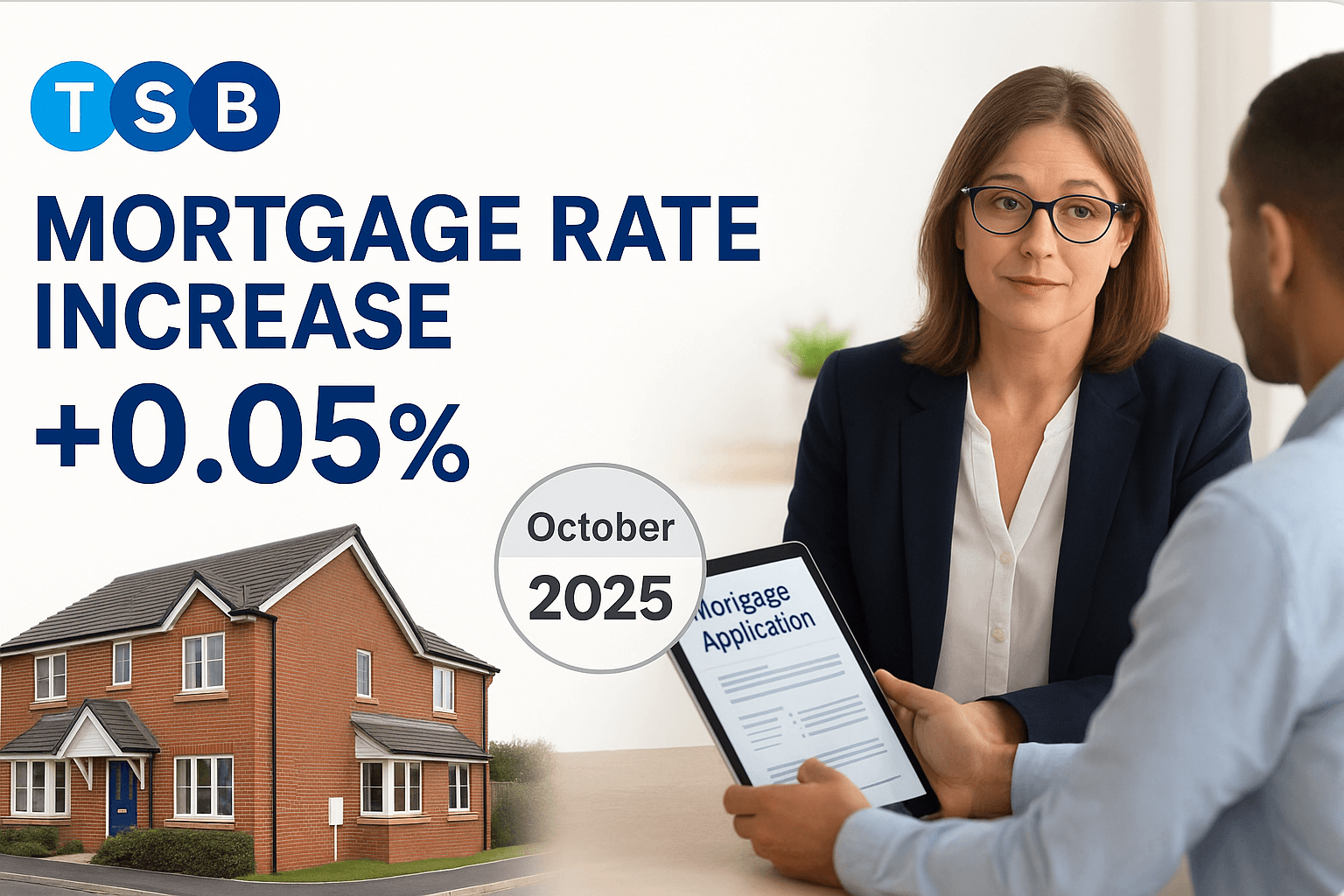 TSB mortgage rate increase of 0.05 percent with October 2025 deadline highlighted, showing homeowners consulting advisor and digital mortgage application on tablet.