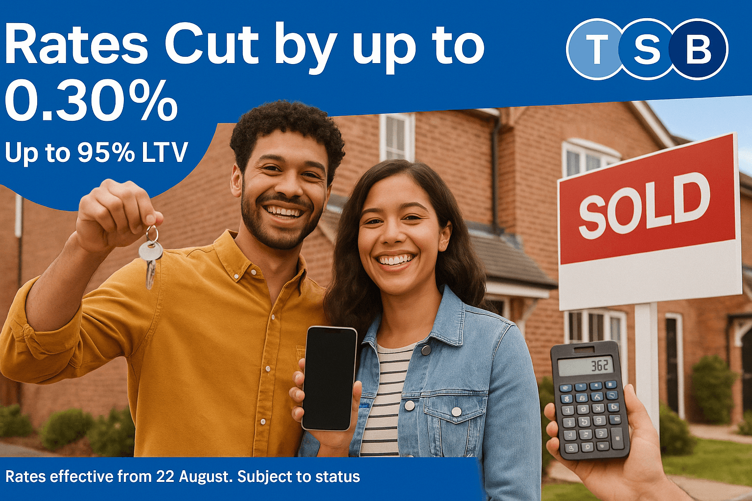 Happy young couple outside their new UK home with a SOLD sign, celebrating with keys and smartphone. TSB advertisement promoting mortgage rate cuts of up to 0.30% and up to 95% LTV.