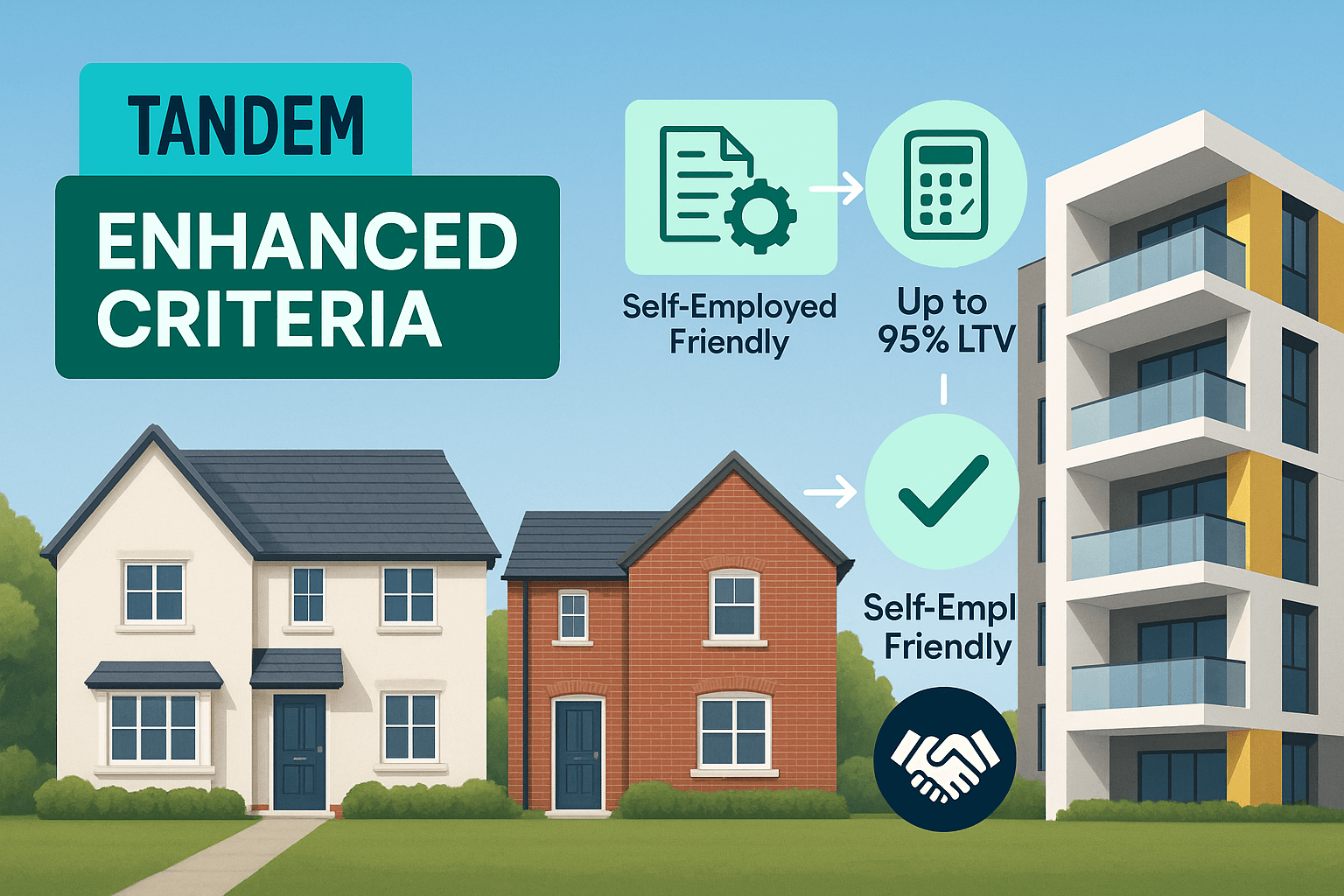 Illustration of diverse UK properties with Tandem Bank branding, highlighting enhanced mortgage criteria including up to 95% LTV and self-employed friendly features
