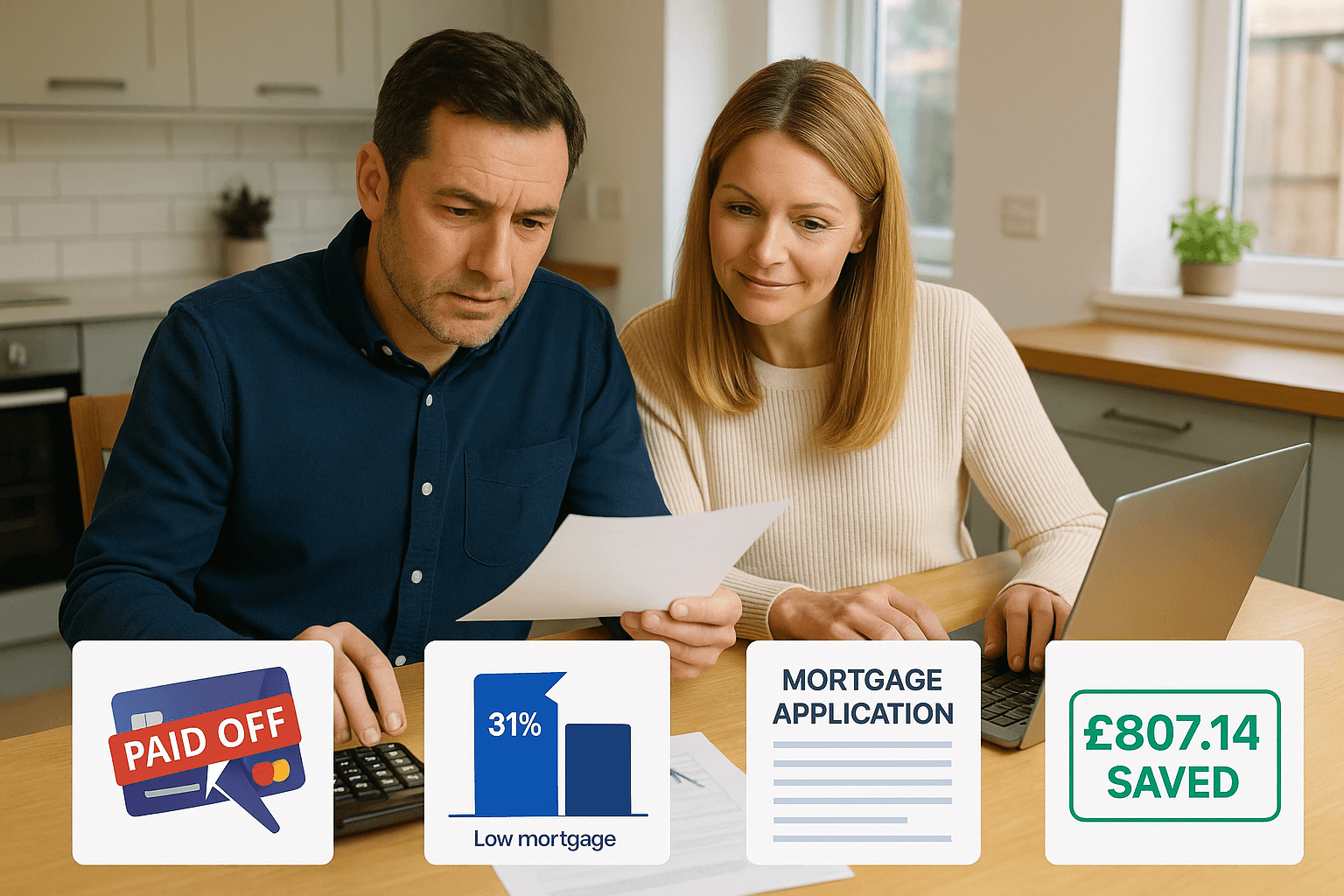 Middle-aged UK couple reviewing mortgage application and financial documents at kitchen table, showing £807.14 savings and paid-off credit cards.