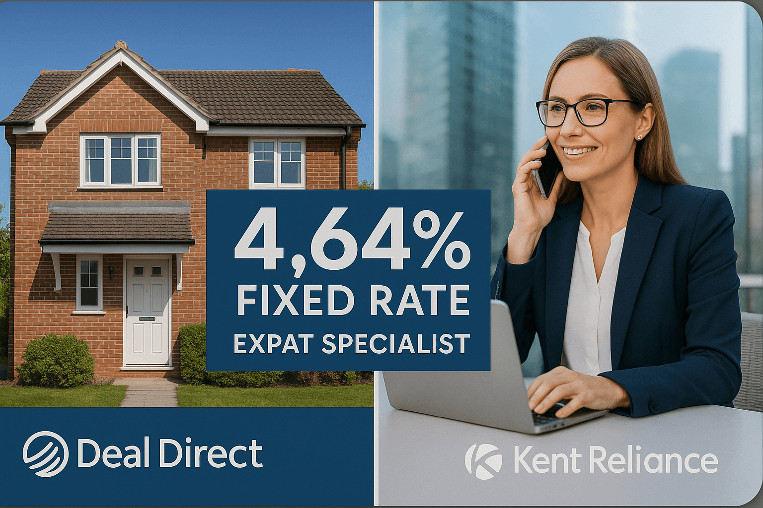 Professional UK expat landlord managing property investment remotely with 4.64% fixed rate mortgage from Deal Direct and Kent Reliance, showcasing UK house and businesswoman abroad