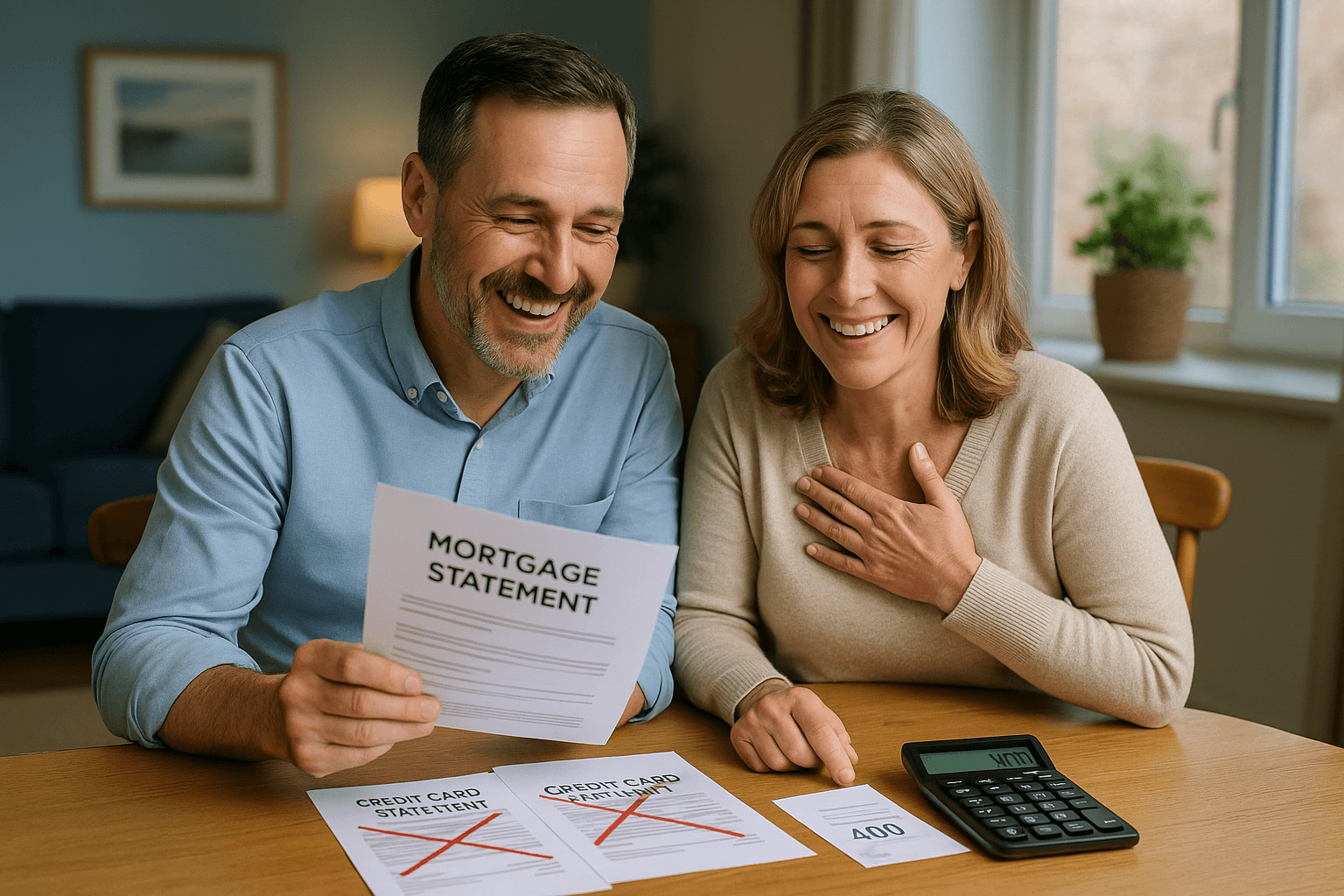 Smiling middle-aged couple at home reviewing a mortgage statement with crossed-out credit card bills and a calculator showing £400 savings, symbolizing debt consolidation success