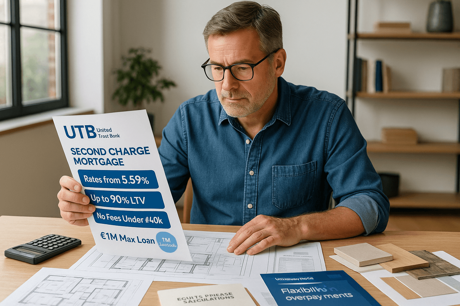 Middle-aged homeowner reviewing United Trust Bank second charge mortgage documents with equity release calculations, blueprint plans, and rate highlights.