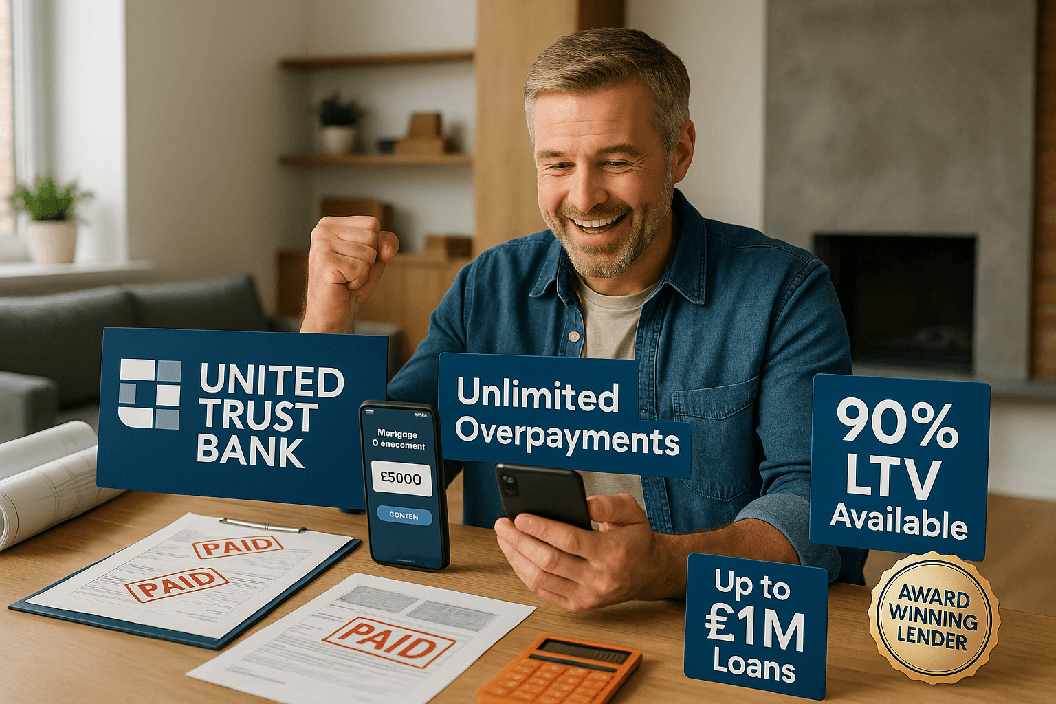 Homeowner celebrating financial freedom while making an overpayment on a UTB second charge mortgage using a smartphone, with promotional highlights showing unlimited overpayments, 90% LTV, up to £1M loans, and award-winning lender credibility.