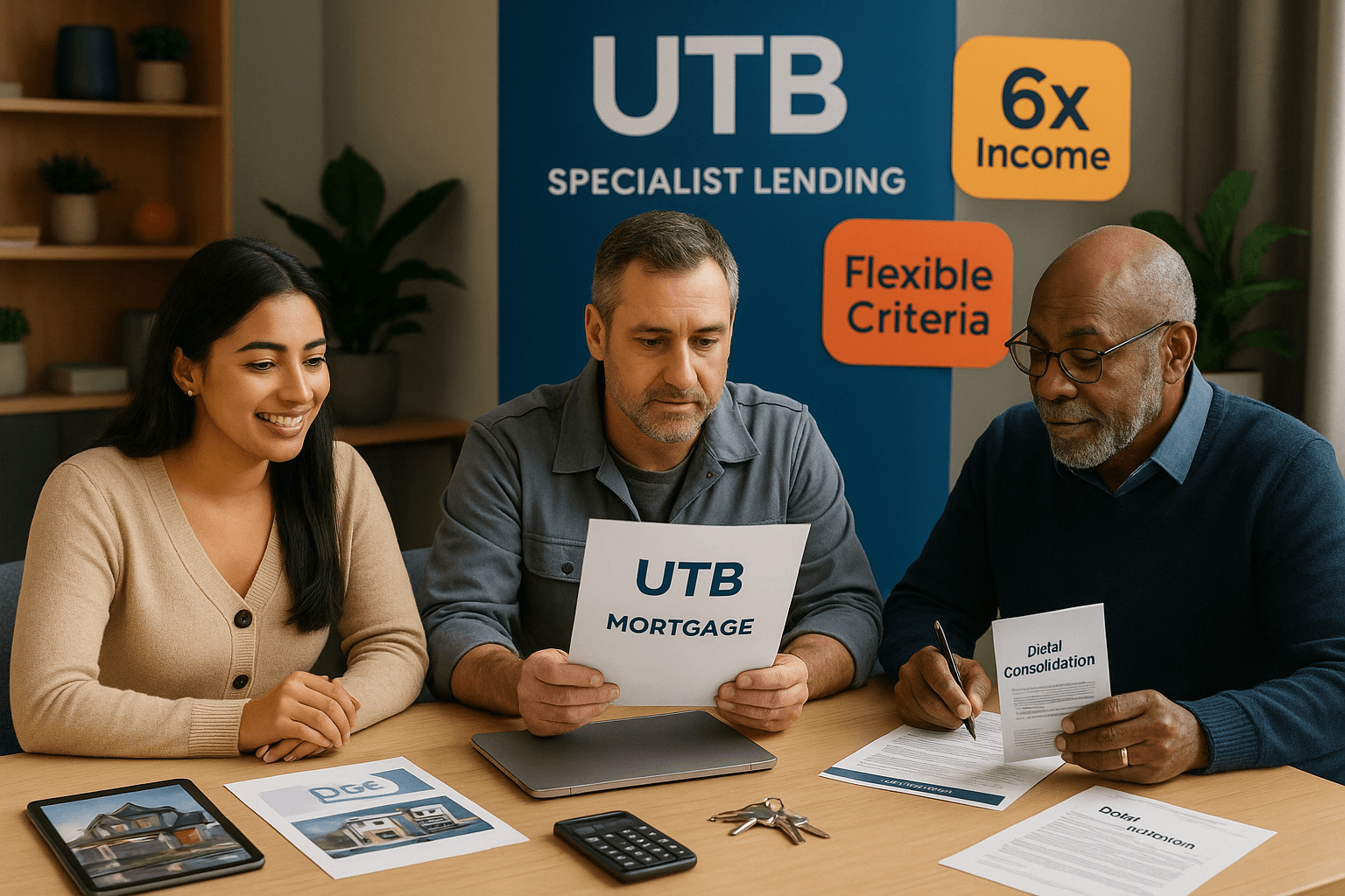 Diverse borrowers including a first-time buyer, contractor, and mature applicant reviewing UTB mortgage documents with branding highlighting 95% LTV, 6x income, and flexible criteria.