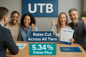 Diverse homeowners celebrating mortgage approvals at United Trust Bank with branding, rate cut messaging, and specialist lending materials highlighting Prime-Plus, Prime, and Near-Prime credit tiers.
