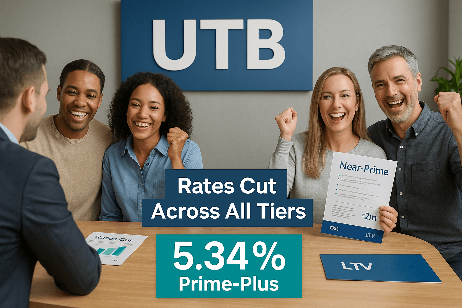 Diverse homeowners celebrating mortgage approvals at United Trust Bank with branding, rate cut messaging, and specialist lending materials highlighting Prime-Plus, Prime, and Near-Prime credit tiers.