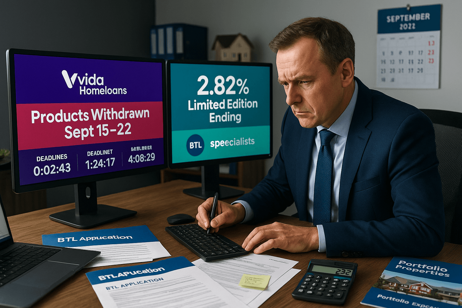 Middle-aged property investor in business suit urgently completing multiple Vida Homeloans BTL applications at desk, with countdown timers showing September 15–22 product withdrawal deadlines and a highlighted 2.82% Limited Edition rate