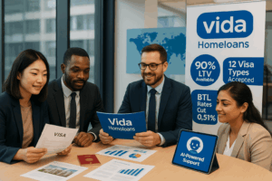 Diverse international professionals consulting with Vida Homeloans specialist, featuring 90% LTV availability, 12 visa types accepted, BTL rate cuts, and AI-powered support.