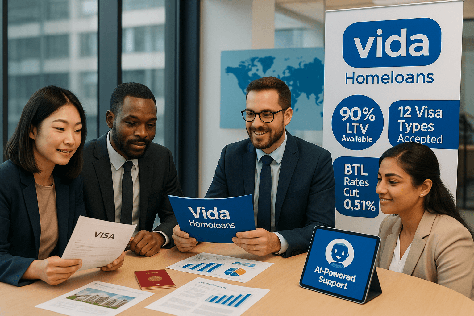 Diverse international professionals consulting with Vida Homeloans specialist, featuring 90% LTV availability, 12 visa types accepted, BTL rate cuts, and AI-powered support.