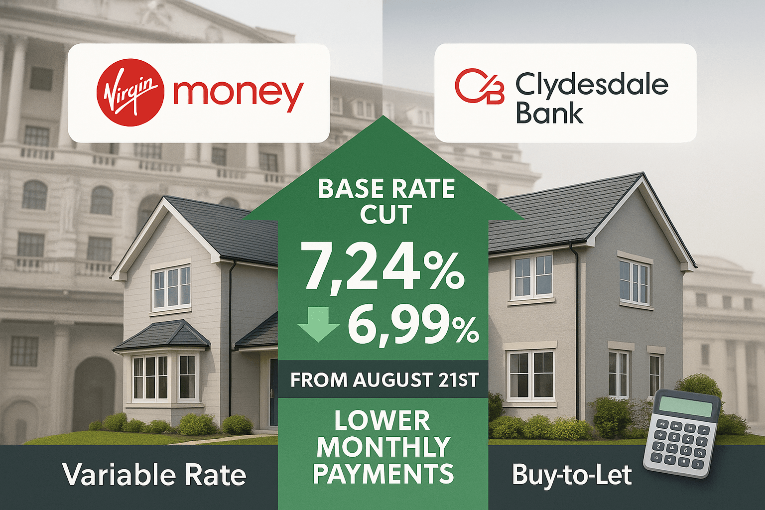 Graphic showing Virgin Money and Clydesdale Bank mortgage rate reductions to 6.99% variable and 7.0% buy-to-let, effective from August 21st, following a Bank of England base rate cut.