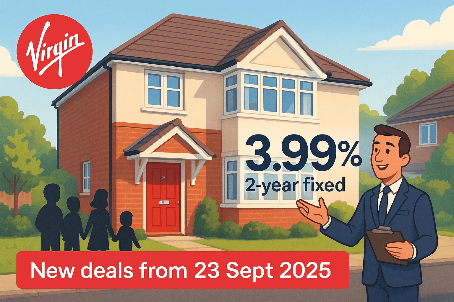 Illustration of a modern UK family home with Virgin Money branding, highlighting new mortgage deals from 23 September 2025 and a 3.99% 2-year fixed rate.