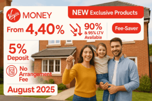 Smiling young family holding house keys outside new UK home with Virgin Money banner promoting 5% deposit mortgages, 4.40% rate, and no arrangement fee