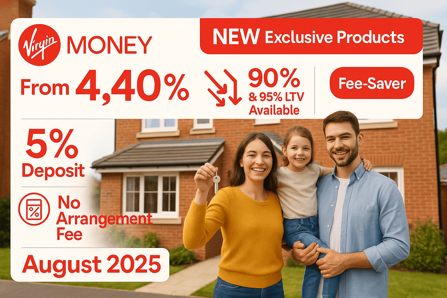 Smiling young family holding house keys outside new UK home with Virgin Money banner promoting 5% deposit mortgages, 4.40% rate, and no arrangement fee