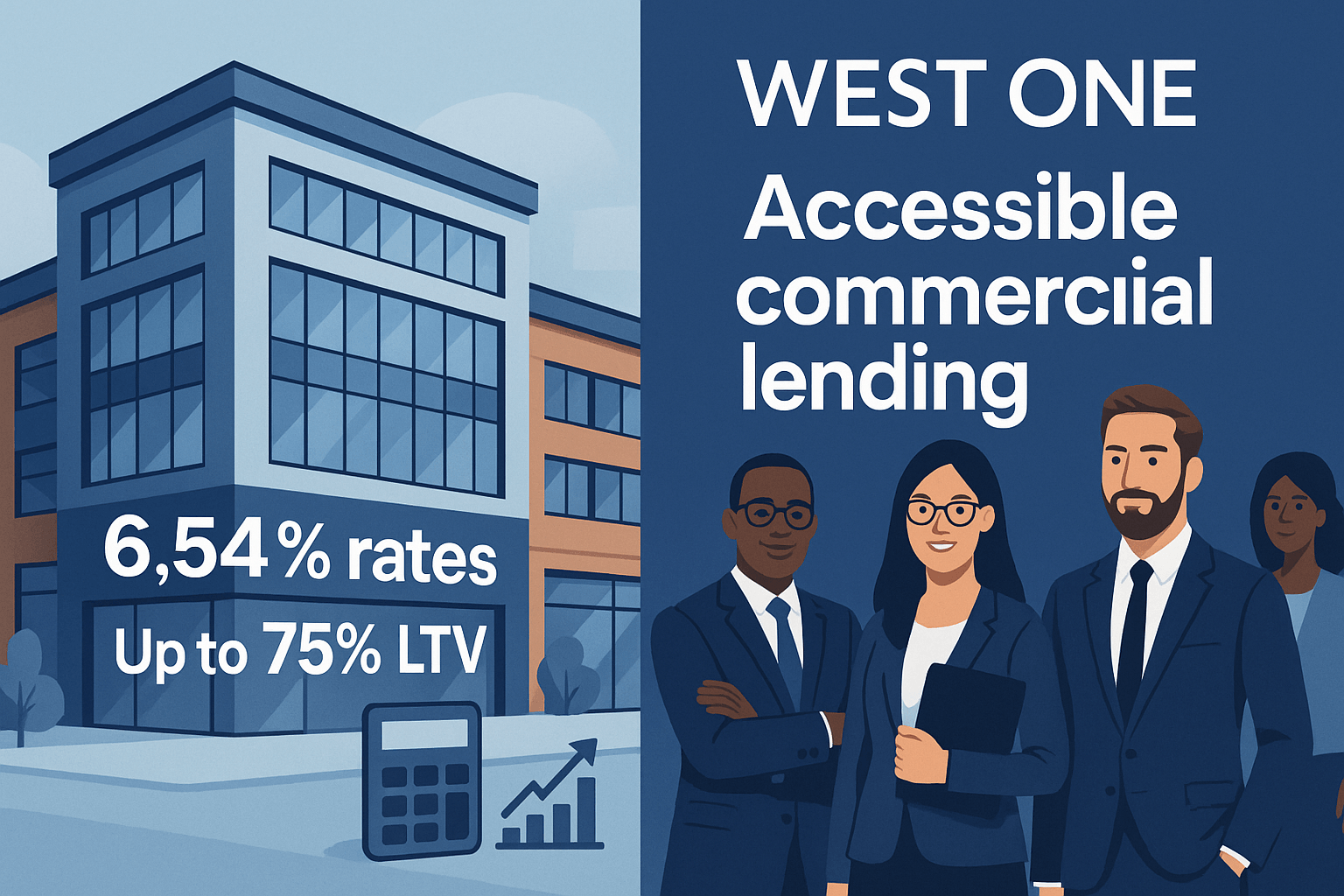 Professional illustration of West One accessible commercial lending with rates and LTV details, modern office building, and diverse investors