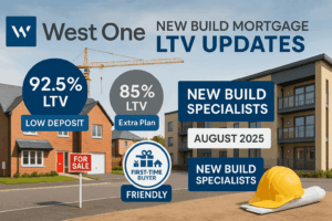 Promotional graphic for West One new build mortgage updates showing modern houses and apartments under construction, highlighting 92.5% LTV for houses, 85% LTV for flats, low deposit options, Extra Plan, and first-time buyer friendly messaging, dated August 2025.