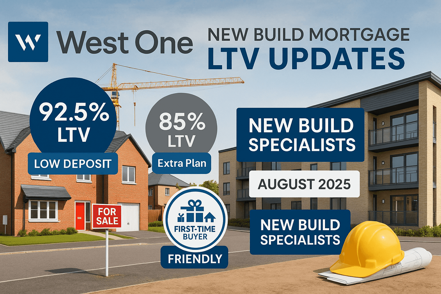 Promotional graphic for West One new build mortgage updates showing modern houses and apartments under construction, highlighting 92.5% LTV for houses, 85% LTV for flats, low deposit options, Extra Plan, and first-time buyer friendly messaging, dated August 2025.