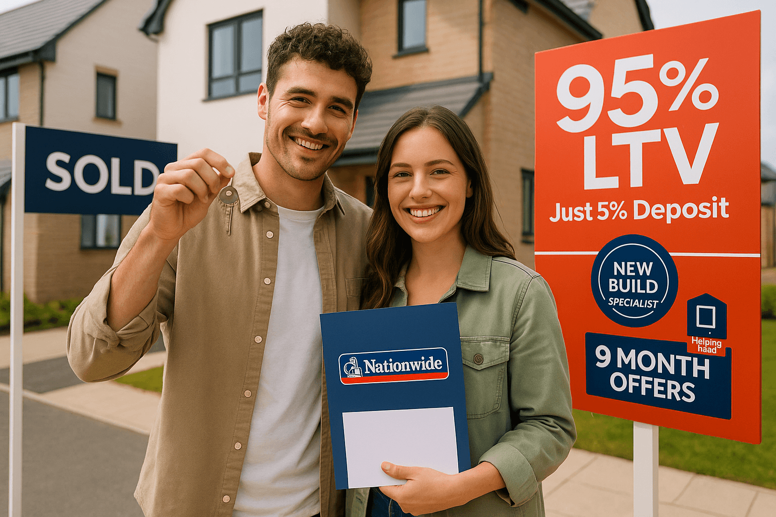 Young couple celebrating outside a modern new build home holding keys and Nationwide mortgage documents, with 95% LTV and 5% deposit promotional signage.