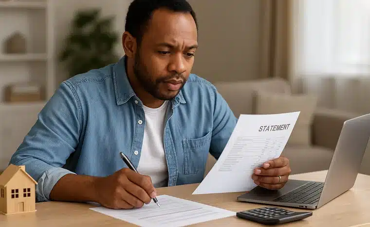 Professional reviewing mortgage consolidation documents showing monthly savings of £726 on laptop calculator