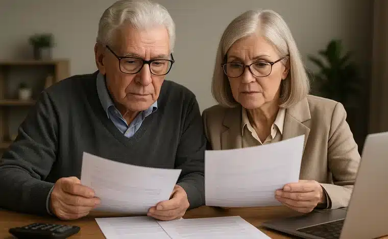 Mature couple reviewing financial documents showing debt consolidation savings at home dining table