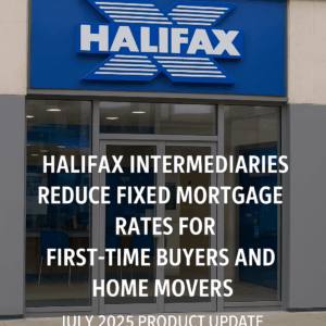 Halifax Intermediaries office with text about reduced fixed mortgage rates for first-time buyers and home movers – July 2025 product update