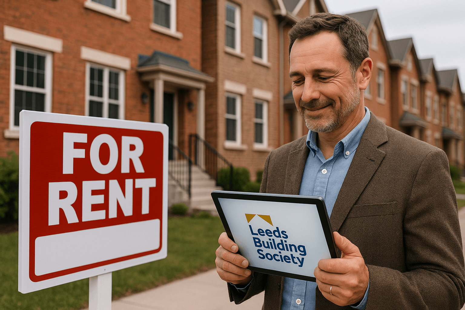 Landlord reviewing Leeds Building Society Buy to Let mortgage updates on a tablet, with rental properties in the background – July 2025