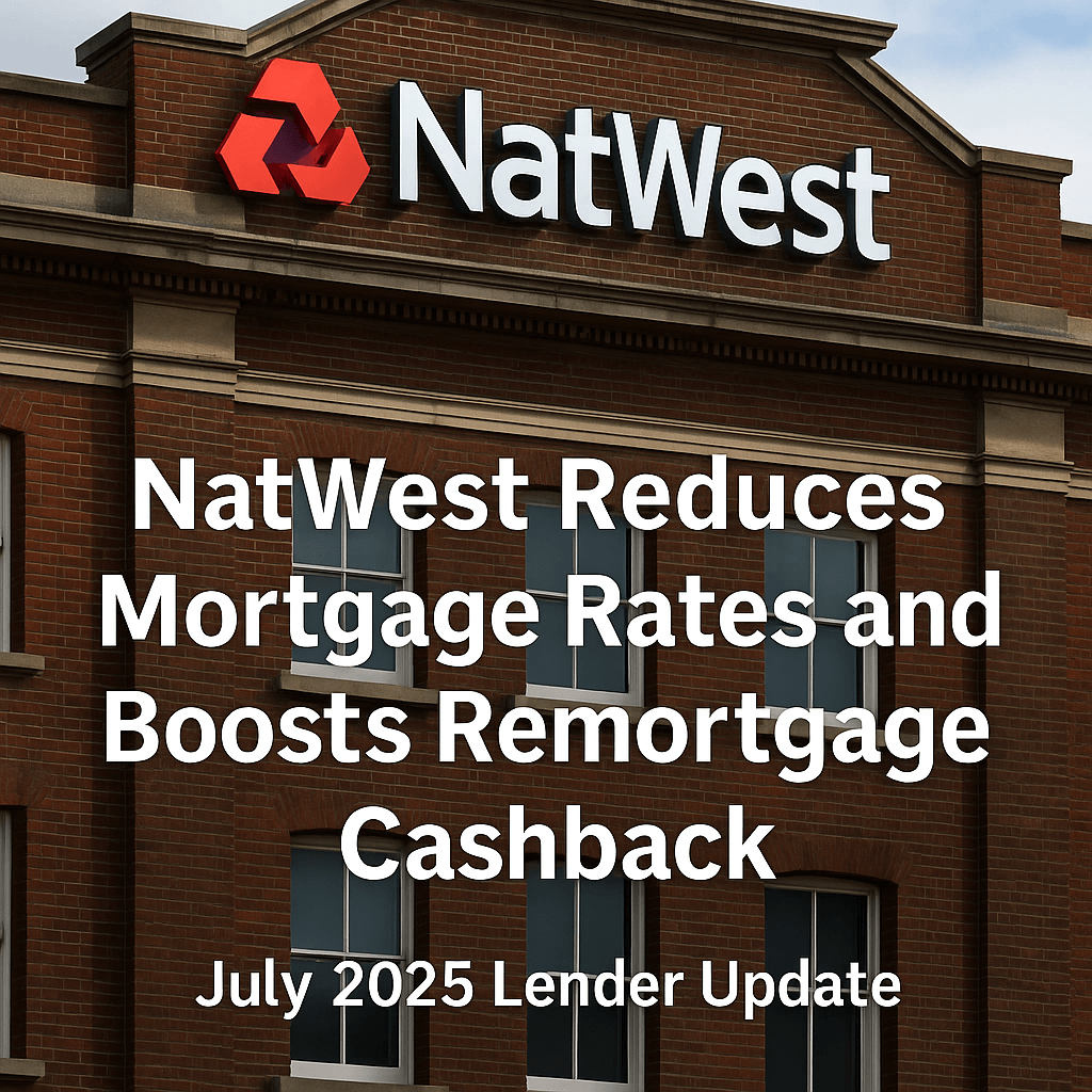 NatWest building with mortgage rate and cashback offer headlines – July 2025 lender update