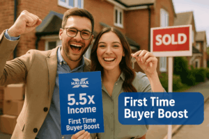 Smiling young couple holding Halifax mortgage documents and house keys outside their new UK home with SOLD sign, promoting 5.5x income First Time Buyer Boost