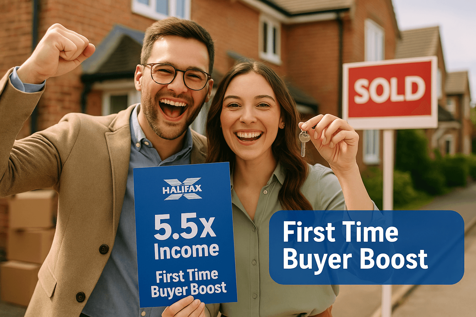 Smiling young couple holding Halifax mortgage documents and house keys outside their new UK home with SOLD sign, promoting 5.5x income First Time Buyer Boost