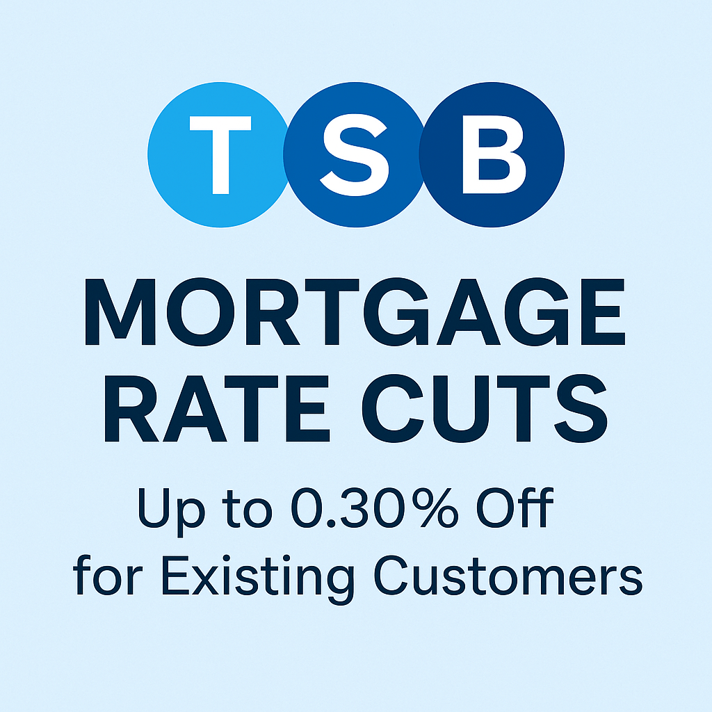 Blue background with TSB logo, bold headline, and house icon.