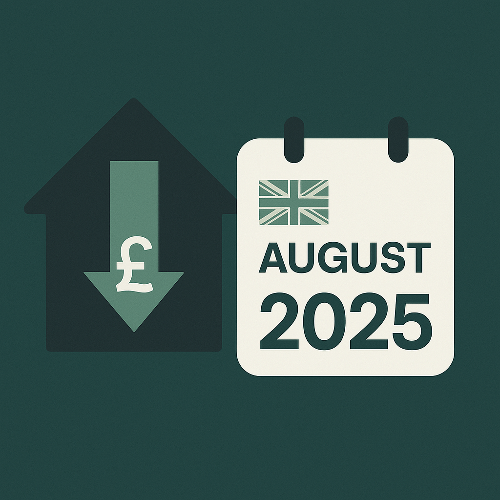 Illustration of a UK house with downward arrow and pound symbol, next to a calendar showing August 2025, representing mortgage rate reductions